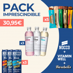 PACK IMPRESCINDIBLE: 3x BEBIDA VITAMIN WELL 500ML + 5x BARRITA BAREBELLS 55G + 3x BEBIDA ENERGÉTICA BCAA NOCCO